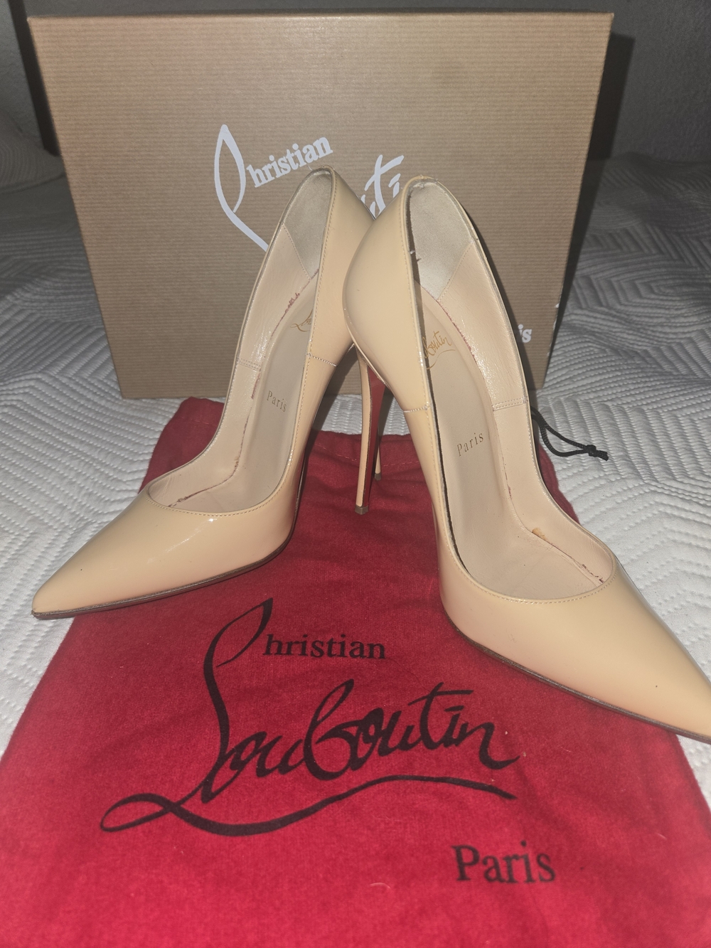 Christian Louboutin Nude Patent Pointed-Toe Stiletto Pumps with Red Sole
